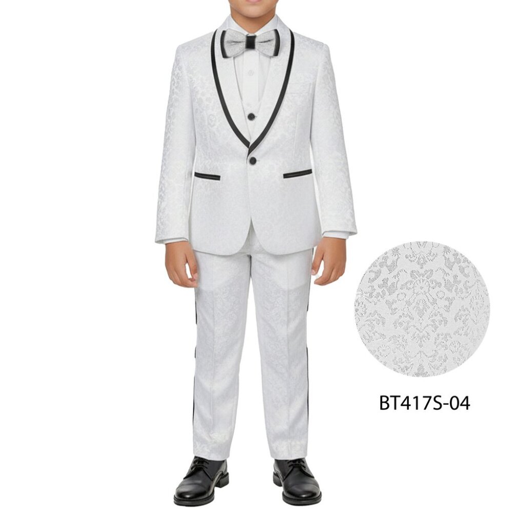 White/Black Paisley Shawl Collar 5 Piece Boys Tuxedo